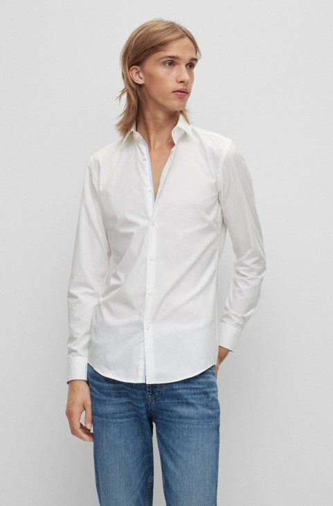 λευκό πουκάμισο Hugo Boss σε Slim-fit από βαμβακερή ποπλίνα εύκολης σιδήρου