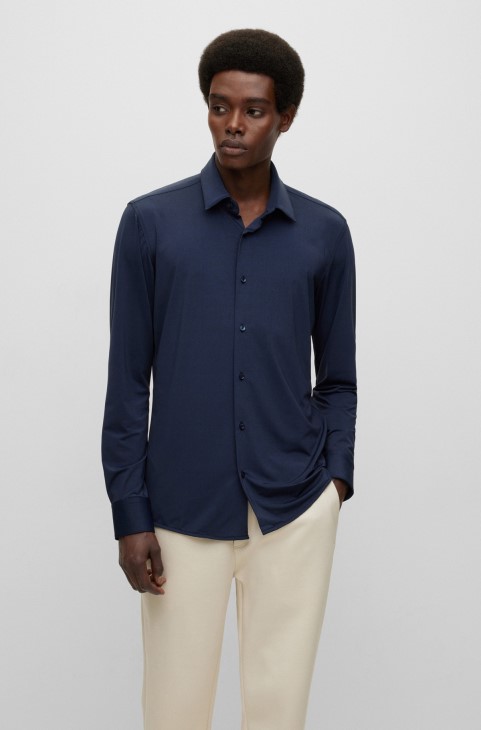 Μπλε σκούρο Slim-fit πουκάμισο σε Melange Performance-stretch Jersey Hugo Boss