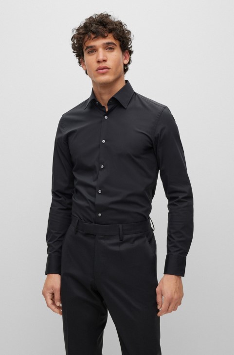 Μαύρο πουκάμισο Hugo Boss σε Slim-fit από ελαστική βαμβακερή ποπλίνα