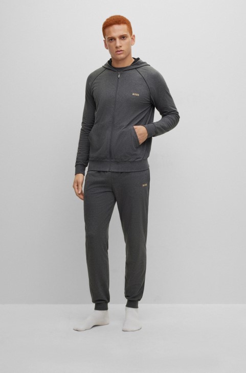 Σακάκι σαλονιού με κουκούλα από ελαστικό βαμβάκι με λογότυπο σκούρο γκρι Hugo Boss
