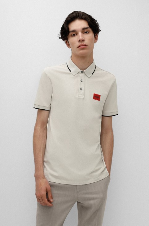 ανοιχτό μπεζ βαμβακερό-piqué Slim-fit μπλουζάκι πόλο με κόκκινο λογότυπο ετικέτα Hugo Boss