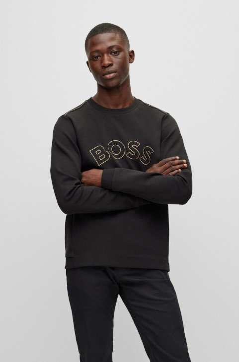 μαύρο βαμβακερό φούτερ με κανονική εφαρμογή με δικτυωτό έργο τέχνης Hugo Boss