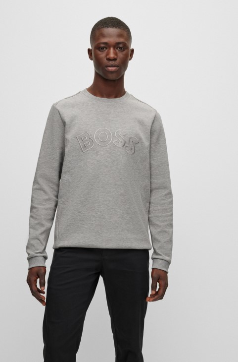 Φούτερ κανονικής εφαρμογής από μείγμα βαμβακιού με δικτυωτό έργο τέχνης Hugo Boss ανοιχτό γκρι