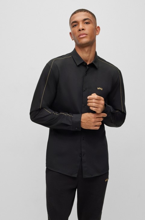πουκάμισο με κανονική εφαρμογή σε βαμβακερό χαρμάνι Piqué Hugo Boss μαύρο