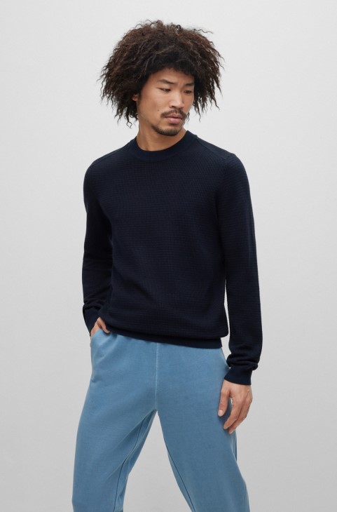 Βαμβακερό-κασμίρ πουλόβερ με δίχρωμη δομή Hugo Boss σκούρο μπλε