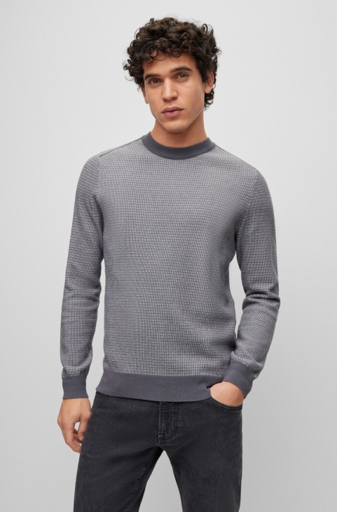 Πουλόβερ Hugo Boss γκρι βαμβακερό-κασμίρ με δομή δίχρωμη