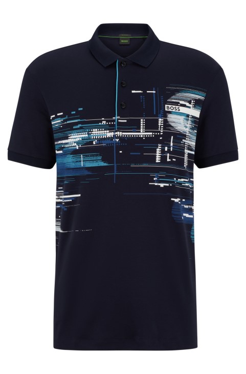 Πόλο μπλουζάκι Hugo Boss, βαμβακερό κανονικό, με εποχιακά έργα τέχνης σκούρο μπλε