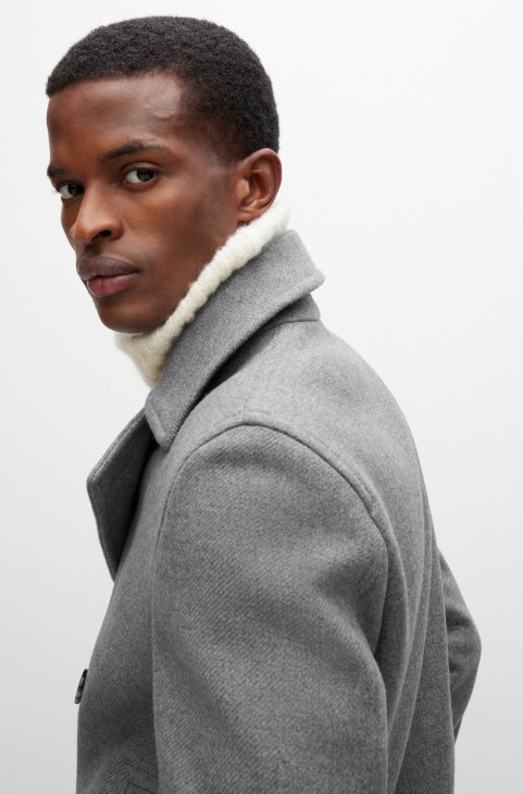 Hugo Boss γκρι μάλλινο παλτό με λεπτή εφαρμογή και κλείσιμο με διπλό στήθος
