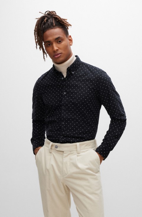 Μαύρο πουκάμισο Hugo Boss με κανονική εφαρμογή σε βαμβακερό μωρό κοτλέ