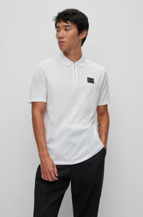 Πόλο μπλουζάκι από βαμβακερό φερμουάρ Hugo Boss με φερμουάρ σε λευκό χρώμα