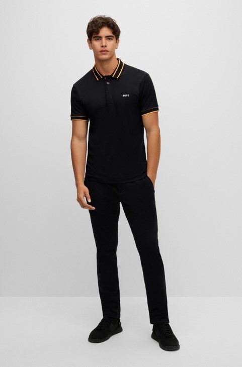 Hugo Boss Interlock-βαμβακερό Slim-fit μπλουζάκι Polo με λογότυπο μαύρο κέντημα
