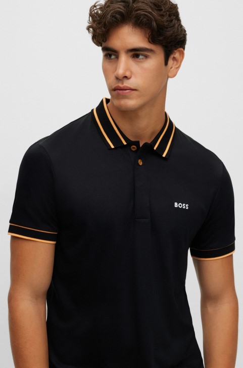 Hugo Boss Interlock-βαμβακερό Slim-fit μπλουζάκι Polo με λογότυπο μαύρο κέντημα
