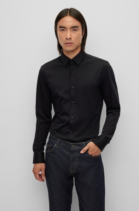 Μαύρο πουκάμισο Hugo Boss σε Slim-fit σε φανέλα Performance-stretch από βαμβακερό μείγμα