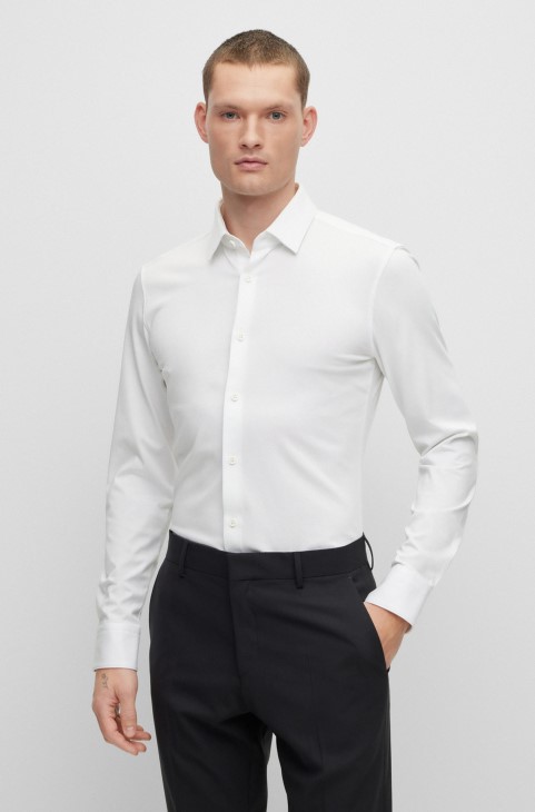 Slim-fit πουκάμισο σε Performance-stretch βαμβακερό μείγμα Jersey White Hugo Boss