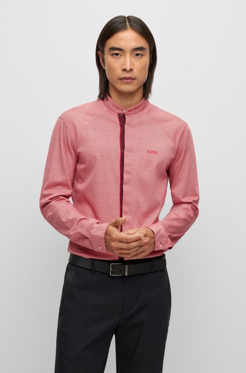 Πουκάμισο χωρίς γιακά κανονική εφαρμογή σε βαμβακερό πικέ Hugo Boss ανοιχτό κόκκινο