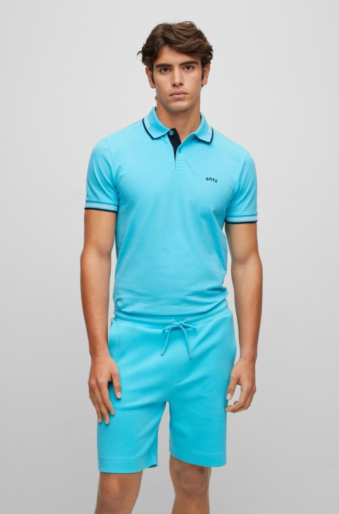 Hugo Boss γαλάζιο μπλουζάκι πόλο με κυρτό λογότυπο σε λεπτή εφαρμογή σε βαμβακερό πικέ ελαστικό