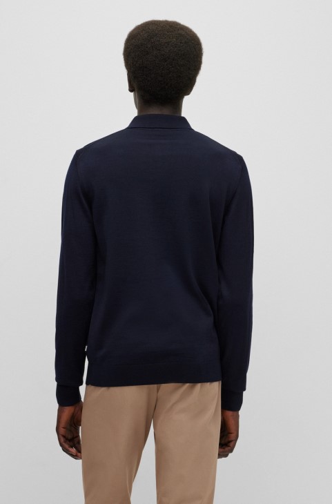 πουλόβερ σε λεπτή εφαρμογή από υπεύθυνο μαλλί με γιακά πόλο σκούρο μπλε Hugo Boss
