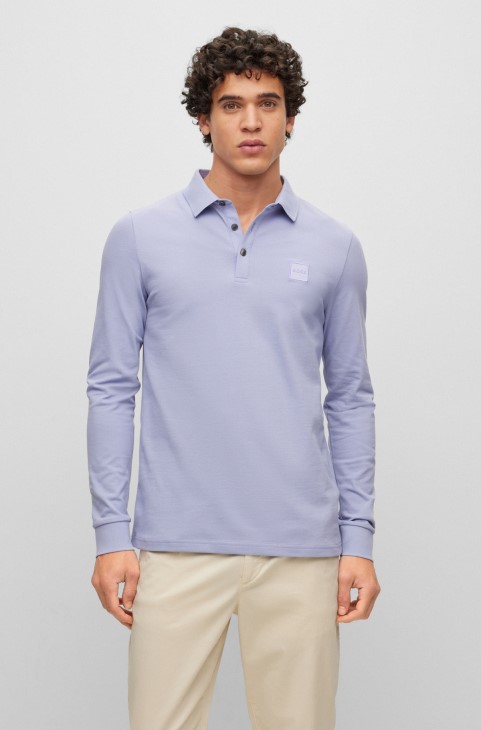 μακρυμάνικο Slim-fit μπλουζάκι πόλο με λογότυπο Patch Hugo Boss ανοιχτό μωβ