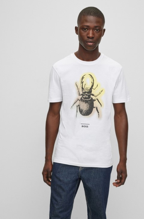 λευκό μπλουζάκι από βαμβακερό ζέρσεϊ με έργα τέχνης της συλλογής Hugo Boss