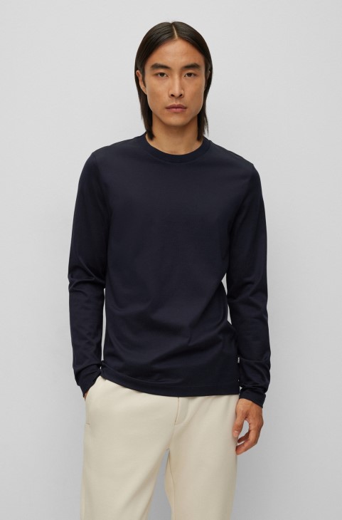 μερσεριζέ βαμβακερό μπλουζάκι με λεπτή εφαρμογή με πλούσια δομή Hugo Boss σκούρο μπλε