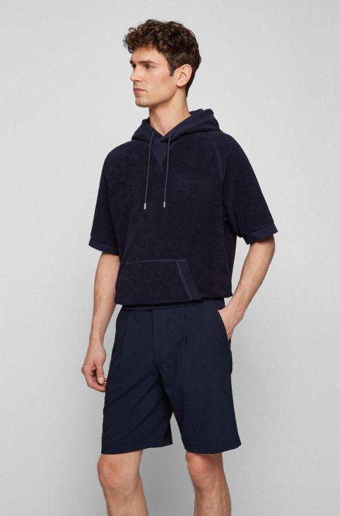 κοντομάνικο φούτερ με κουκούλα με βαμβακερή πετσέτα σκούρο μπλε Hugo Boss