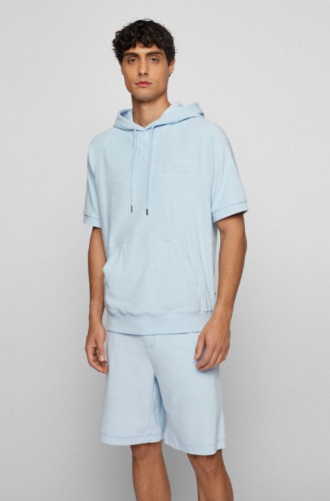 γαλάζιο κοντομάνικο φούτερ με κουκούλα σε βαμβακερή πετσέτα Hugo Boss