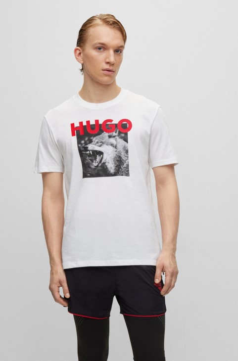 T-shirt από βαμβακερό ζέρσεϊ με στάμπα λύκου και λογότυπο λευκό Hugo Boss