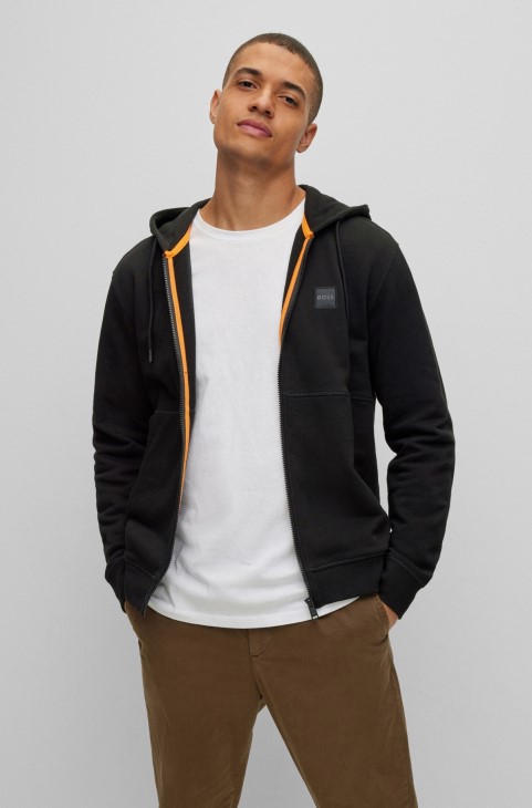 Μαύρο φούτερ με φερμουάρ από βαμβάκι με λογότυπο Hugo Boss