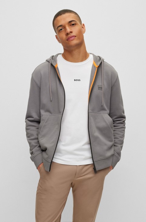 γκρι Hugo Boss, βαμβακερή κουκούλα με φερμουάρ με έμπλαστρο με λογότυπο