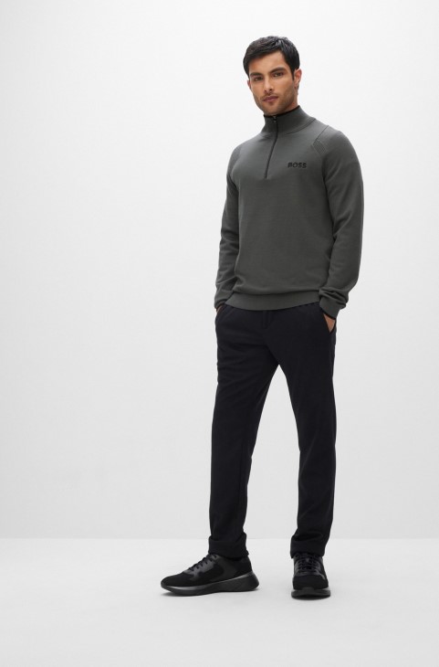 Hugo Boss σκούρο γκρι πουλόβερ με φερμουάρ κανονική εφαρμογή με κεντημένα λογότυπα
