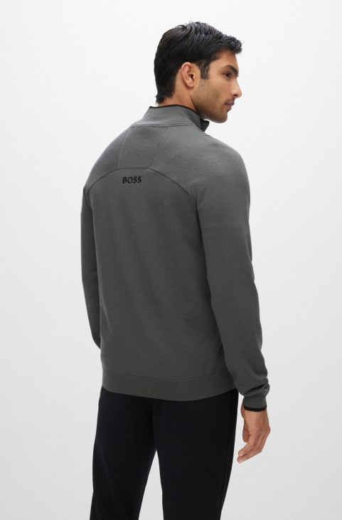 Hugo Boss σκούρο γκρι πουλόβερ με φερμουάρ κανονική εφαρμογή με κεντημένα λογότυπα
