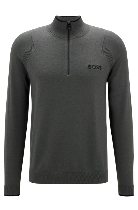 Hugo Boss σκούρο γκρι πουλόβερ με φερμουάρ κανονική εφαρμογή με κεντημένα λογότυπα
