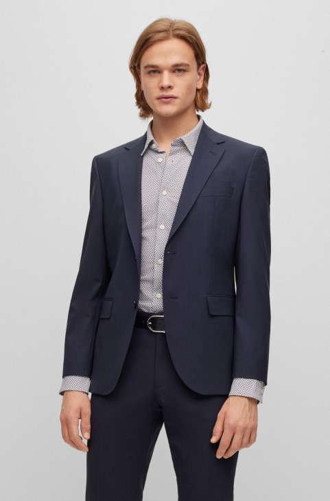μπλε τζάκετ Hugo Boss με κανονική εφαρμογή από παρθένο μαλλί