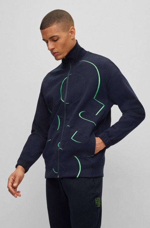 φούτερ με φερμουάρ από μείγμα βαμβακιού με κέντημα λογότυπου σκούρο μπλε Hugo Boss