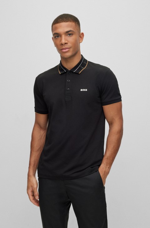 μαύρο μπλουζάκι πόλο Hugo Boss Slim-fit με γιακά με λογότυπο