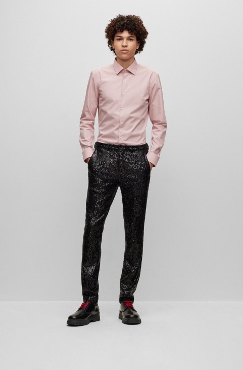 Slim-fit πουκάμισο από βαμβακερή ποπλίνα σιδερέματος ανοιχτό ροζ Hugo Boss
