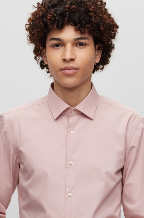 Slim-fit πουκάμισο από βαμβακερή ποπλίνα σιδερέματος ανοιχτό ροζ Hugo Boss
