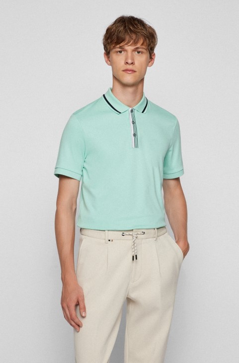 ανοιχτό πράσινο μπλουζάκι Hugo Boss Interlock-βαμβακερό Polo με λογότυπο από καουτσούκ