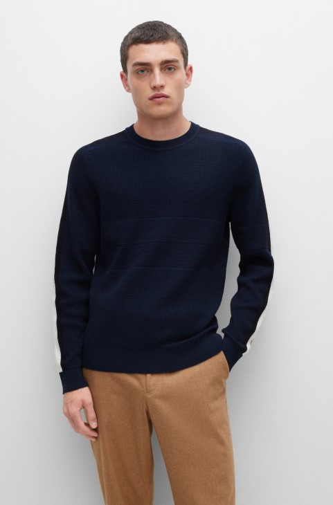 πουλόβερ με δομημένες ρίγες από βαμβάκι και παρθένο μαλλί Hugo Boss σκούρο μπλε