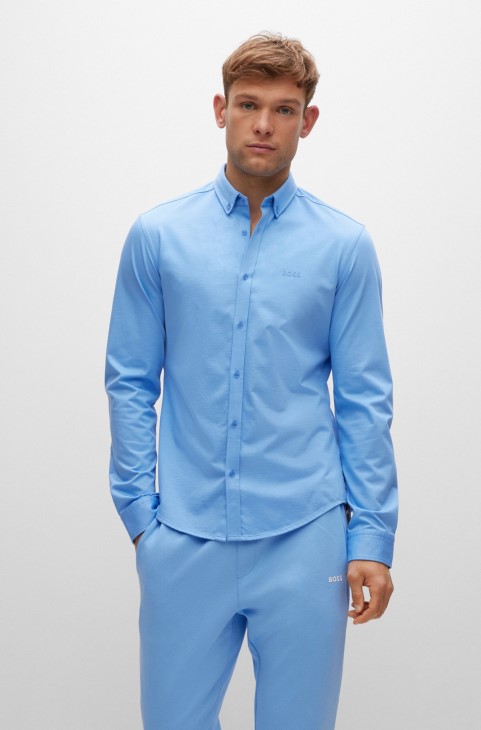 πουκάμισο με κανονική εφαρμογή από βαμβακερό μείγμα που απομακρύνει την υγρασία μπλε φανέλα Hugo Boss