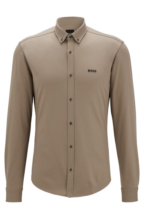 Hugo Boss πουκάμισο με κανονική εφαρμογή σε ανοιχτό πράσινο ζέρσεϊ από βαμβακερό μείγμα που απομακρύνει την υγρασία
