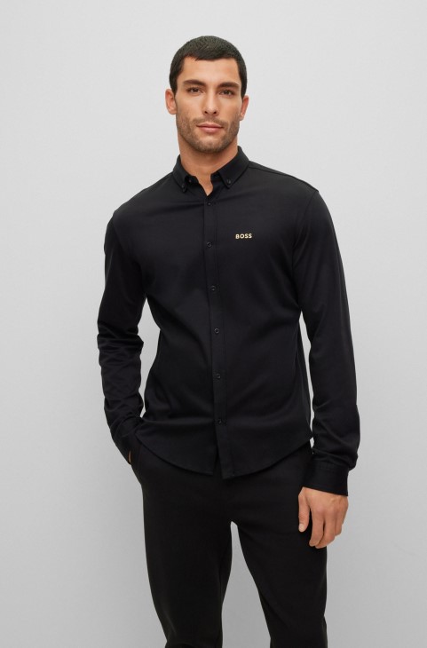 μαύρο πουκάμισο Hugo Boss σε κανονική εφαρμογή σε βαμβακερό πικέ με λογότυπο