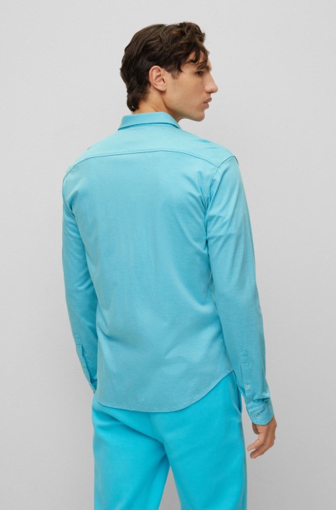 Πουκάμισο Hugo Boss σιέλ σε κανονική εφαρμογή σε βαμβακερό πικέ με λογότυπο
