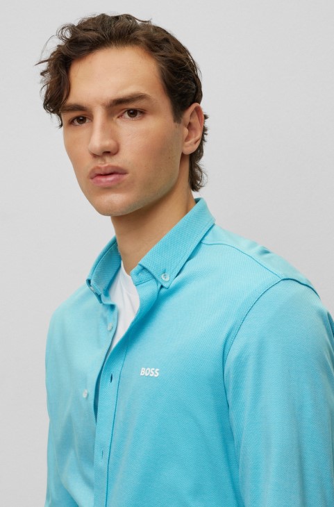 Πουκάμισο Hugo Boss σιέλ σε κανονική εφαρμογή σε βαμβακερό πικέ με λογότυπο
