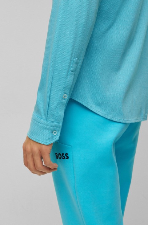 Πουκάμισο Hugo Boss σιέλ σε κανονική εφαρμογή σε βαμβακερό πικέ με λογότυπο
