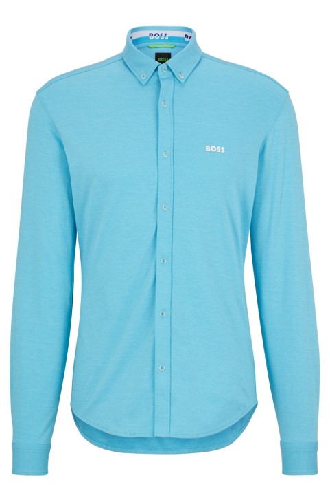 Πουκάμισο Hugo Boss σιέλ σε κανονική εφαρμογή σε βαμβακερό πικέ με λογότυπο
