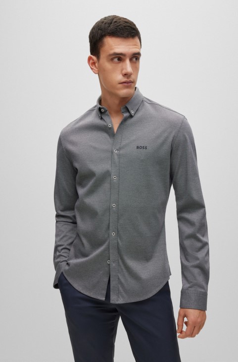 Πουκάμισο Hugo Boss σε κανονική εφαρμογή σε βαμβακερό πικέ με γκρι λογότυπο