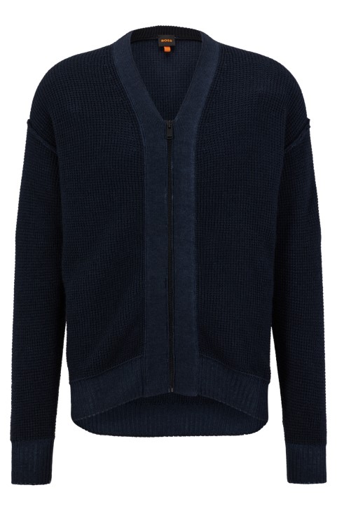 Ζακέτα με φερμουάρ χαλαρή εφαρμογή Hugo Boss σε παρθένο μαλλί σκούρο μπλε