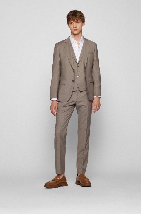 ανοιχτό μπεζ κοστούμι Hugo Boss τριών κομματιών Slim-fit από παρθένο μαλλί