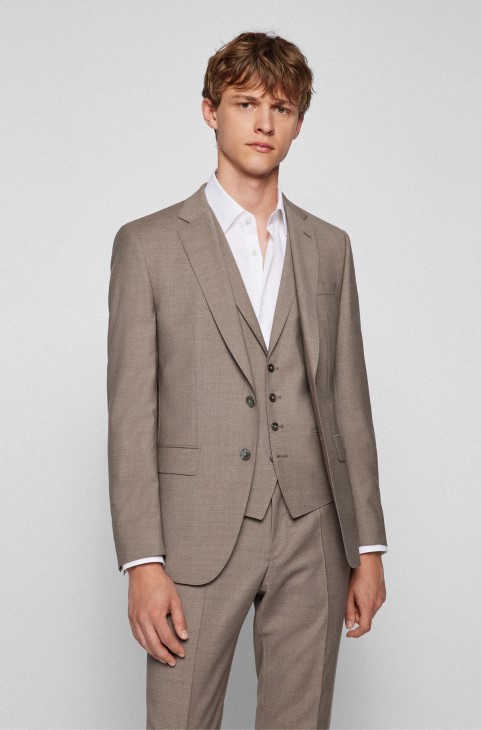 ανοιχτό μπεζ κοστούμι Hugo Boss τριών κομματιών Slim-fit από παρθένο μαλλί
